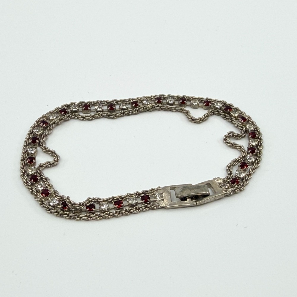 Vintage Silver Tone Red Rhinestone Multi Strand Chain Link Tennis Bracelet Y2K